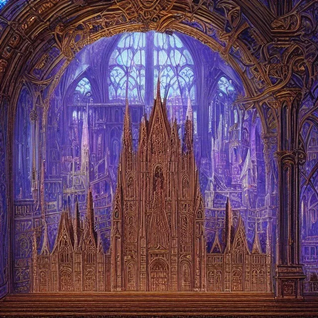 model of grand cathedral made of frosted gingerbread and crushed, vibrant rock candy as stain-glassed windows, 8k resolution, centered, high-quality, ultrafine-detail, ornate, digital art, flickering light, baroque, detailed matte, volumetric lighting, illustration, 3D octane render, brian froud, howard lyon, George Grie, greg rutowski,