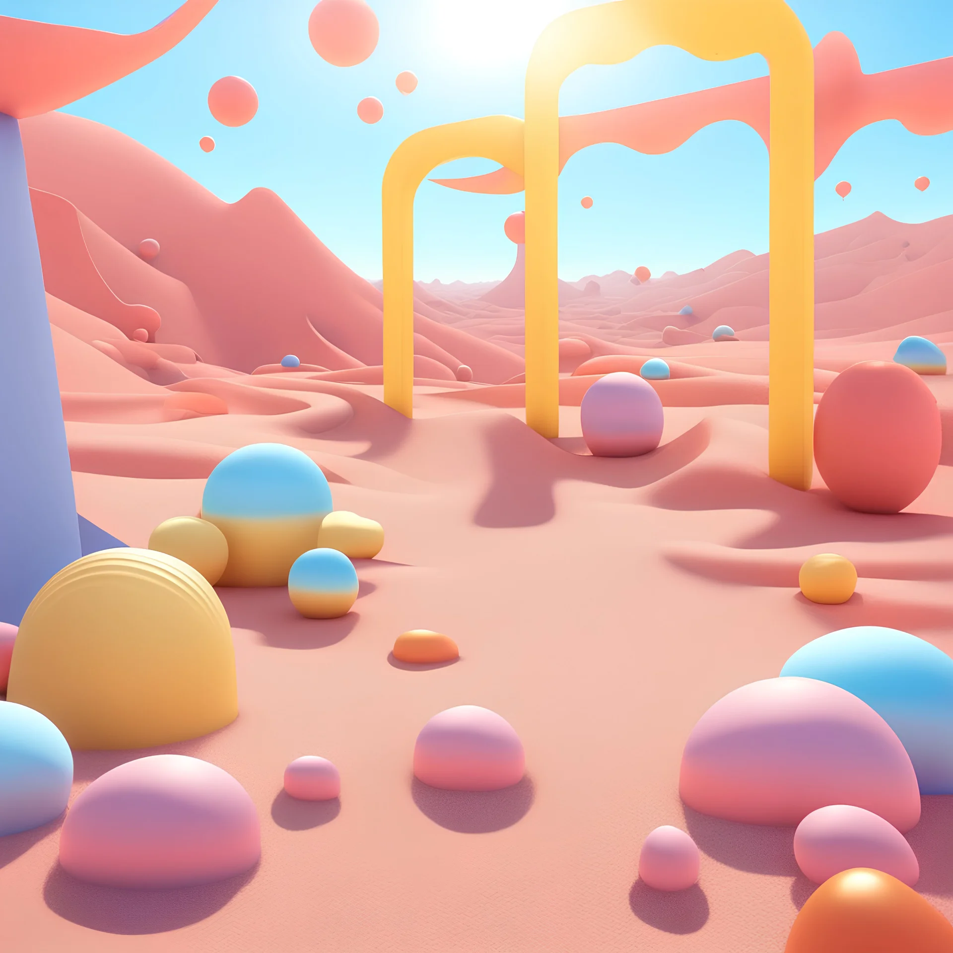 Bright, glittering, 3d, plastic-like, surreal objects in a bright environment, desert, noon light