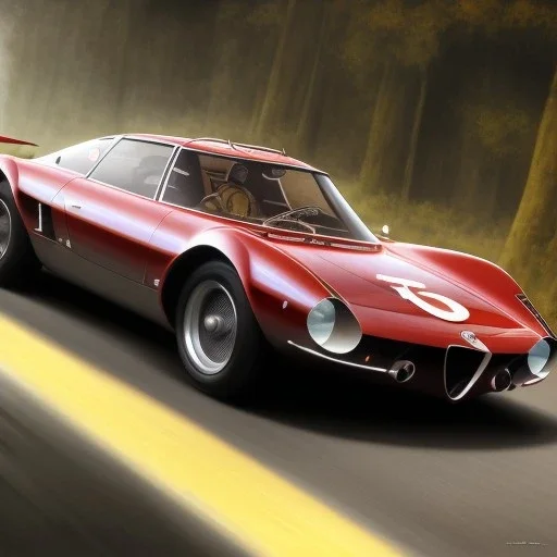 hyperrealism Drawing of '1967 Alfa Romeo 33 Stradale' three quarter frontal aerial view, by gaston bussiere, greg rutkowski, yoji shinkawa, yoshitaka amano, tsutomu nihei, donato giancola, tim hildebrandt,oil on canvas, cinematic composition,Sharp detail,extreme detail,fit full head inside picture,16k