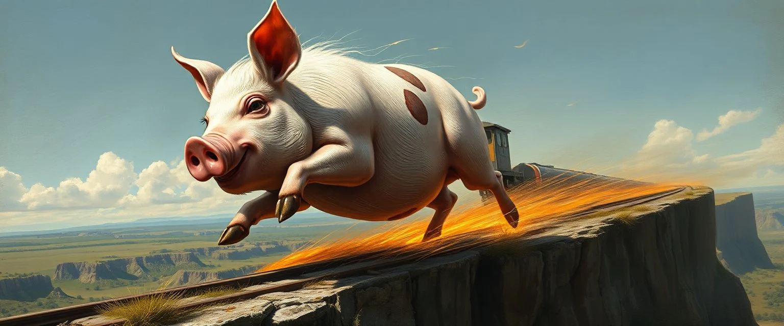 faster than a greased muscle shiny disco pig on a runaway train jumping over the cliff . speed and energy, painted by Rembrandt and fallout 4