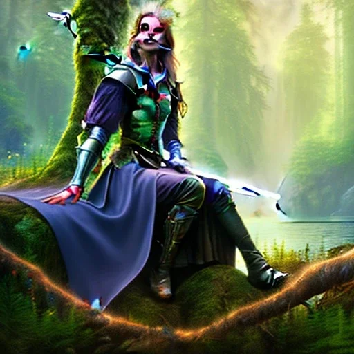 romantic fantasy spray painting, closeup of cute smiling dark robed elven princess bride ,sitting on a branch, loosing torch in magical forest by waterfall