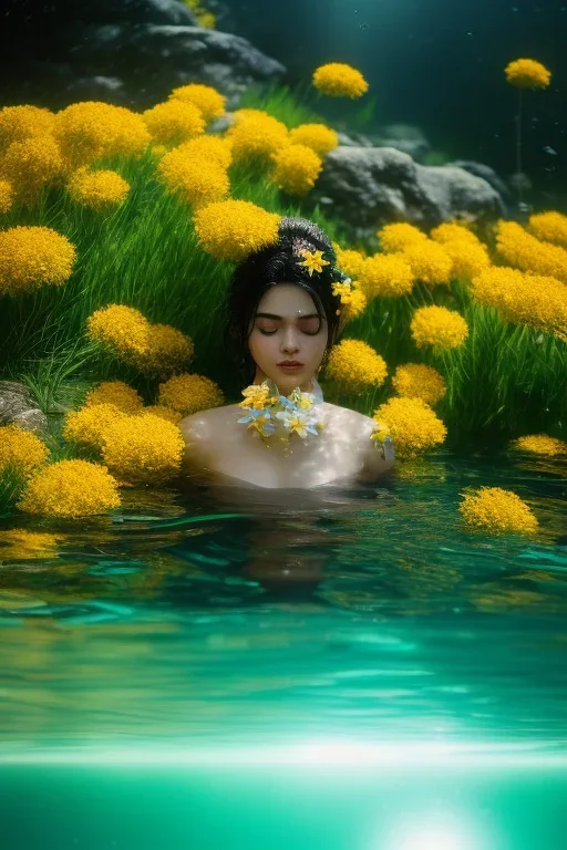 Nevsin Mengu underwater with yellow flowers for hair, closed eyes, rtx, reflection, 8k, glow, winning photography, caustics