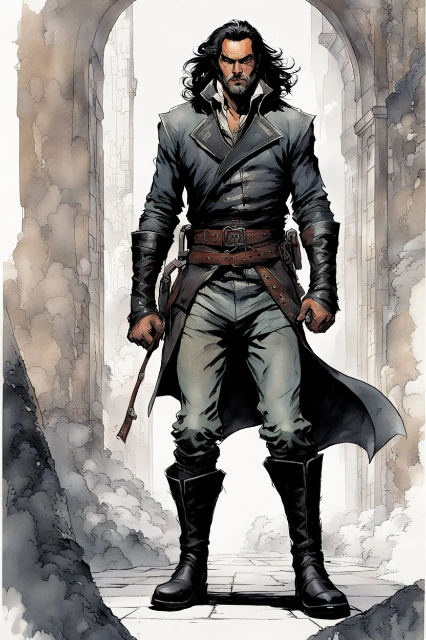 Create a fine art print , full body illustration of an epic fantasy Lankhmar thief The Grey Mouser , with finely lined and detailed facial features, in an open laced fur jerkin, grey leather breeches , a long belted sash at the waist, ,battered soft leather boots, , in the comic book style of Bill Sienkiewicz, Howard Chaykin, Mike Mignola, Philippe Druillet, and Jean Giraud Moebius, precisely drawn, colored and inked