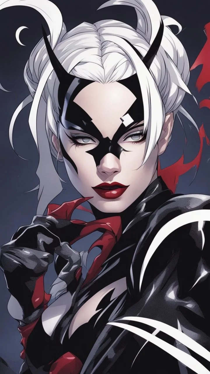 A close picture to Mix between Harley Quinn and venom symbiote with white hair in solo leveling shadow art style