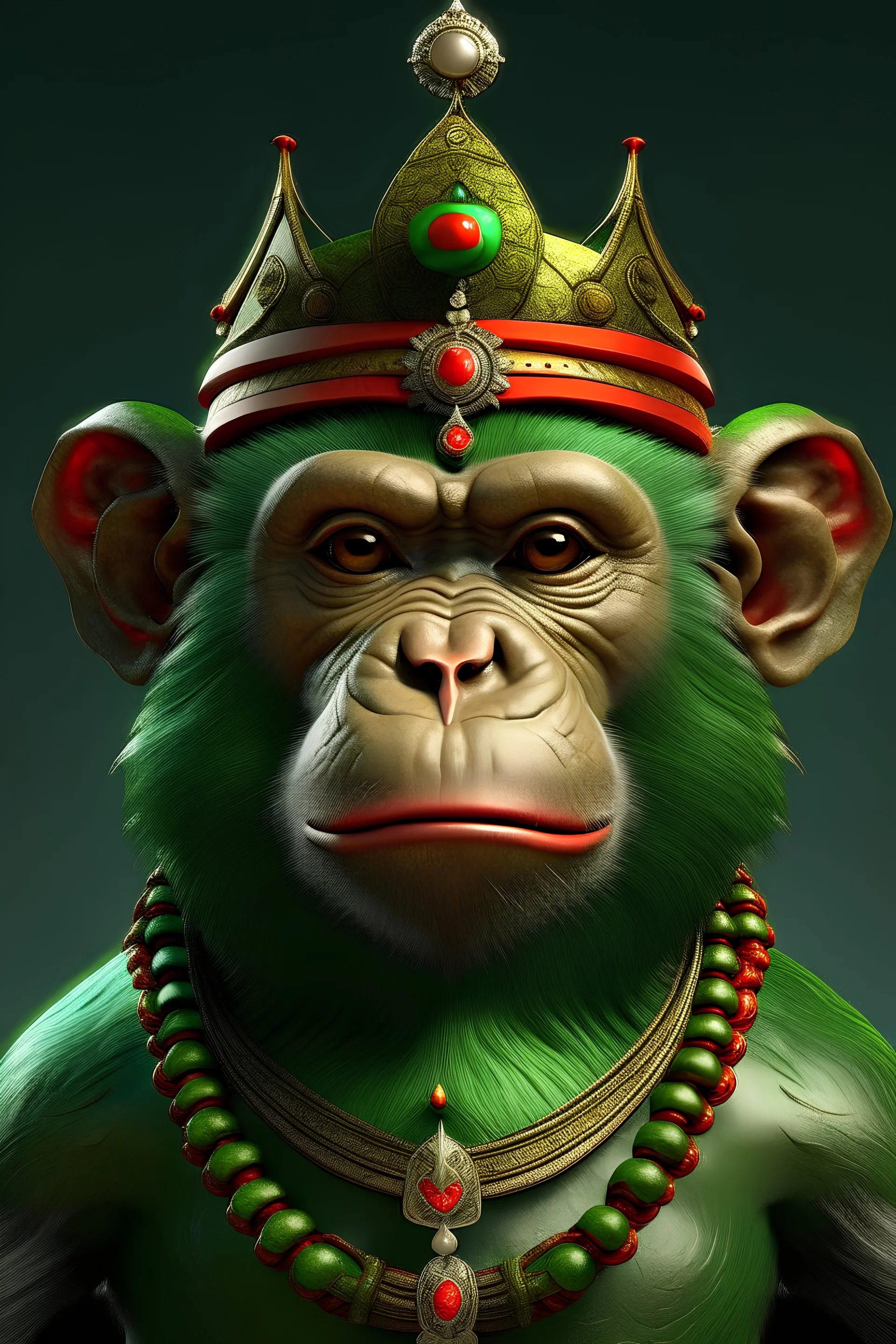 monkey king A green monkey wearing a crown He looks serious with red eyes With a beautiful Roman necklace around his neck