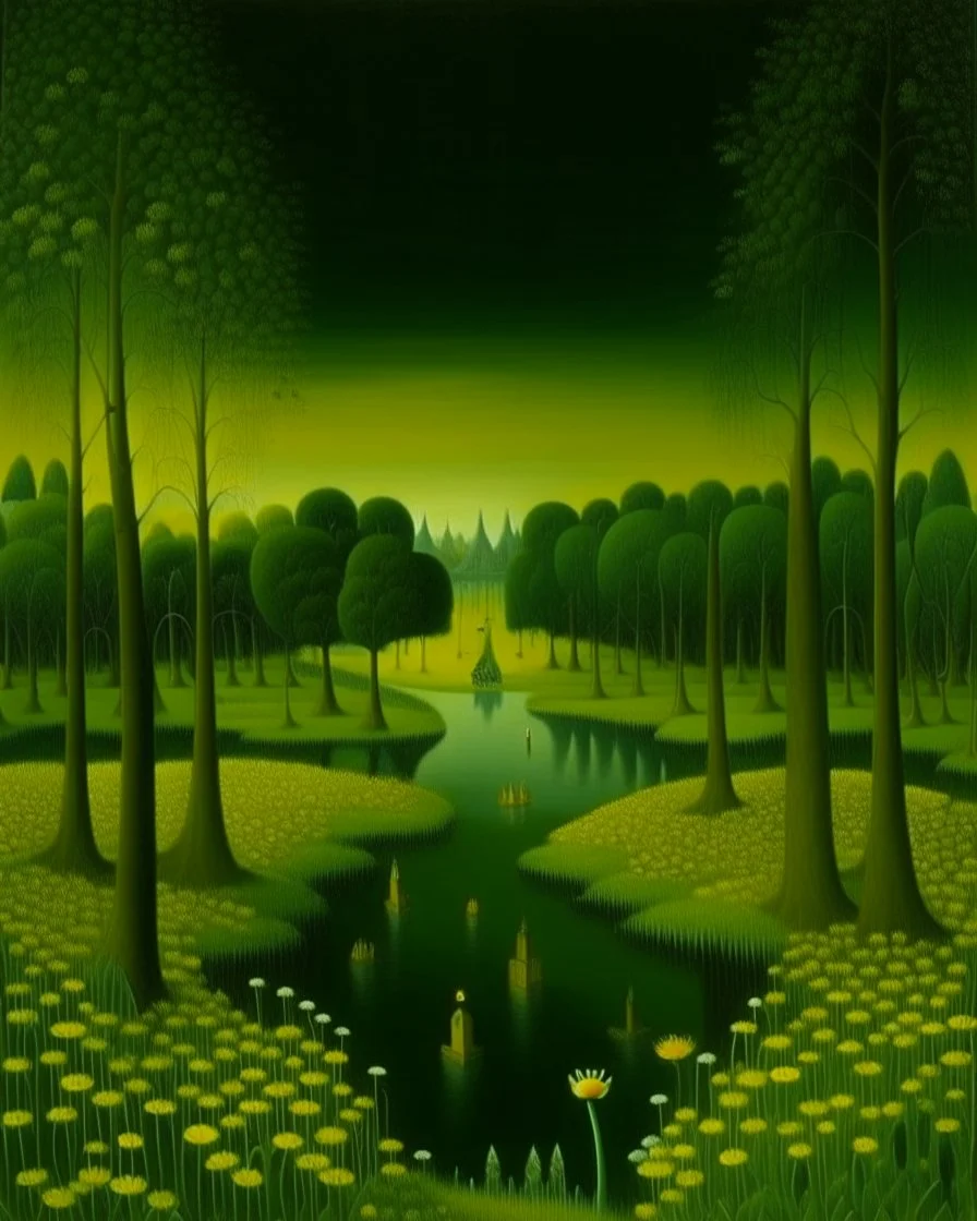 A lime green poisonous swamp in a nuclear city painted by Henri Rousseau