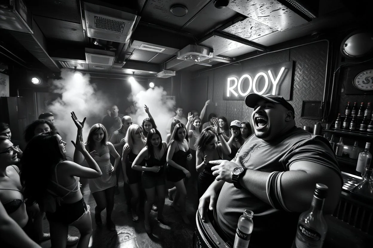 dans golv på en nedsliten sunkig techno club, många personer som dansar, yppiga kvinnor, scen rök och ljus strobes, svartvit bild, en del personer ser in i kameran och skriker: "Benny!" och en Neon Skylt med texten "DJ ROY" på väggen, DJ Roy skriker rätt in i kameran, öppen mun, mycket flaskor och glas i baren