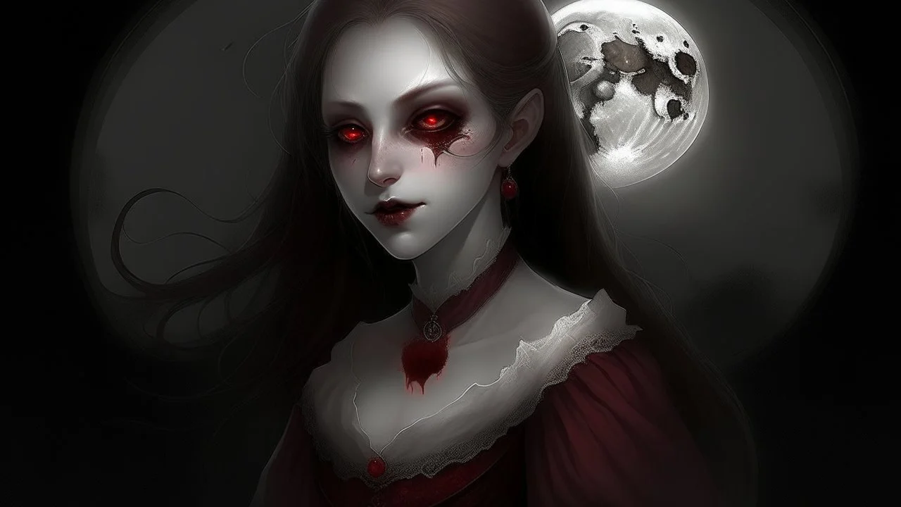 In the pallid moonlight, a peculiar girl appears - a vampire, her skin a haunting shade of spectral grey, as if she herself were wrought from the lonely heart of a forsaken moon. Cruel rubies are set into her eyes, glowing with ominous liveliness against her lifeless pallor. Blood, a sinister accompaniment to her form, the colour of garnet, seems to drip off her like a macabre jewel, casting a chilling aura of dangerous enchantment about her.