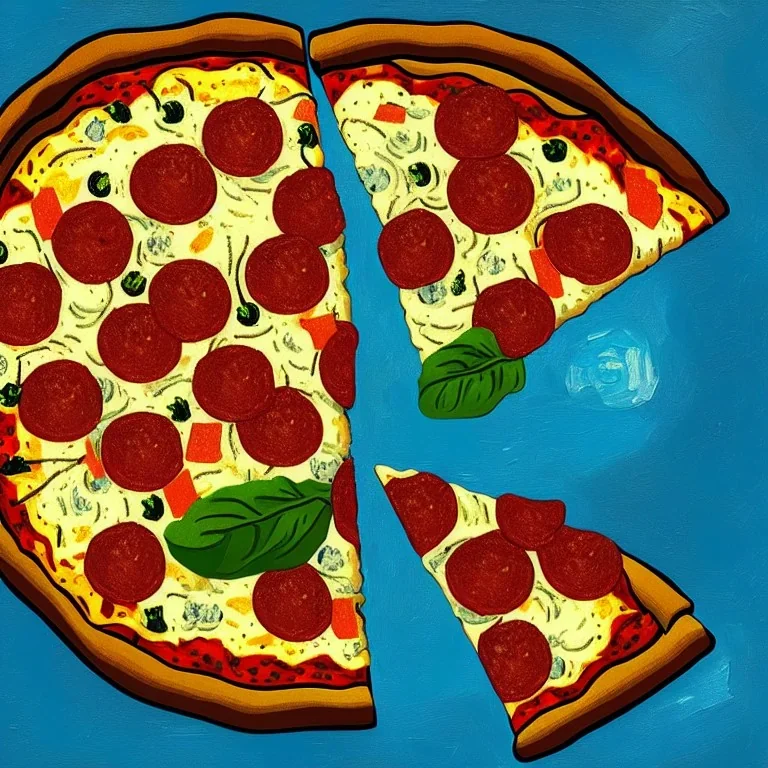 Portrait of pizza seen from top by van gogh, dark cyan background