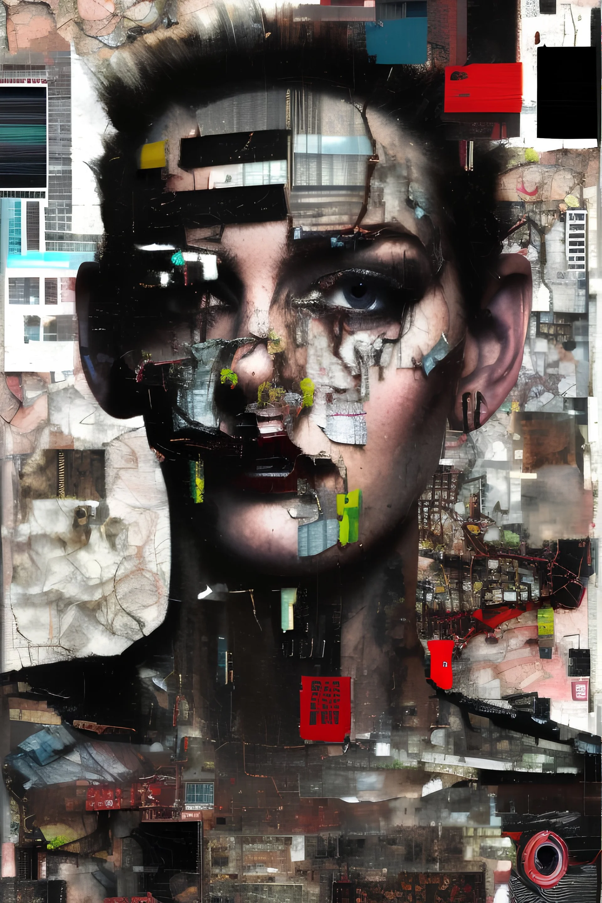 Ultra detailed medium portrait painting of anxiety , torn up collage of clippings, broken circuitry background, matrix effects, punk visual art, punk art aesthetic, graffiti art, pop surrealism, collage art, cluttered paint glitches