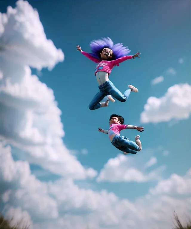 Ultra realistic clouds sky scene, wide angle, medium shot view, portrait, sweet Childs, free jumping flying, trinkets, monster hair, hair monster, jelly beans, balls, smile, happy, circus style, inflatable color clothing, extreme, wind, clouds sea, 20,000 feet altitude, stratosphere, soft color, highly detailed, unreal engine 5, ray tracing, RTX, lumen lighting, ultra detail, volumetric lighting, 3d, finely drawn, high definition, high resolution.