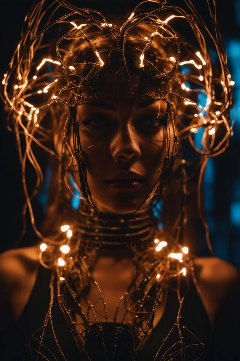 Demon girl, fullbody, creepy, horrifying, sinister, many wires connected to the head lumen lighting, led lights, sparks around her, sparks cybernetic,high lighting, intricate, 8k, macro photography,