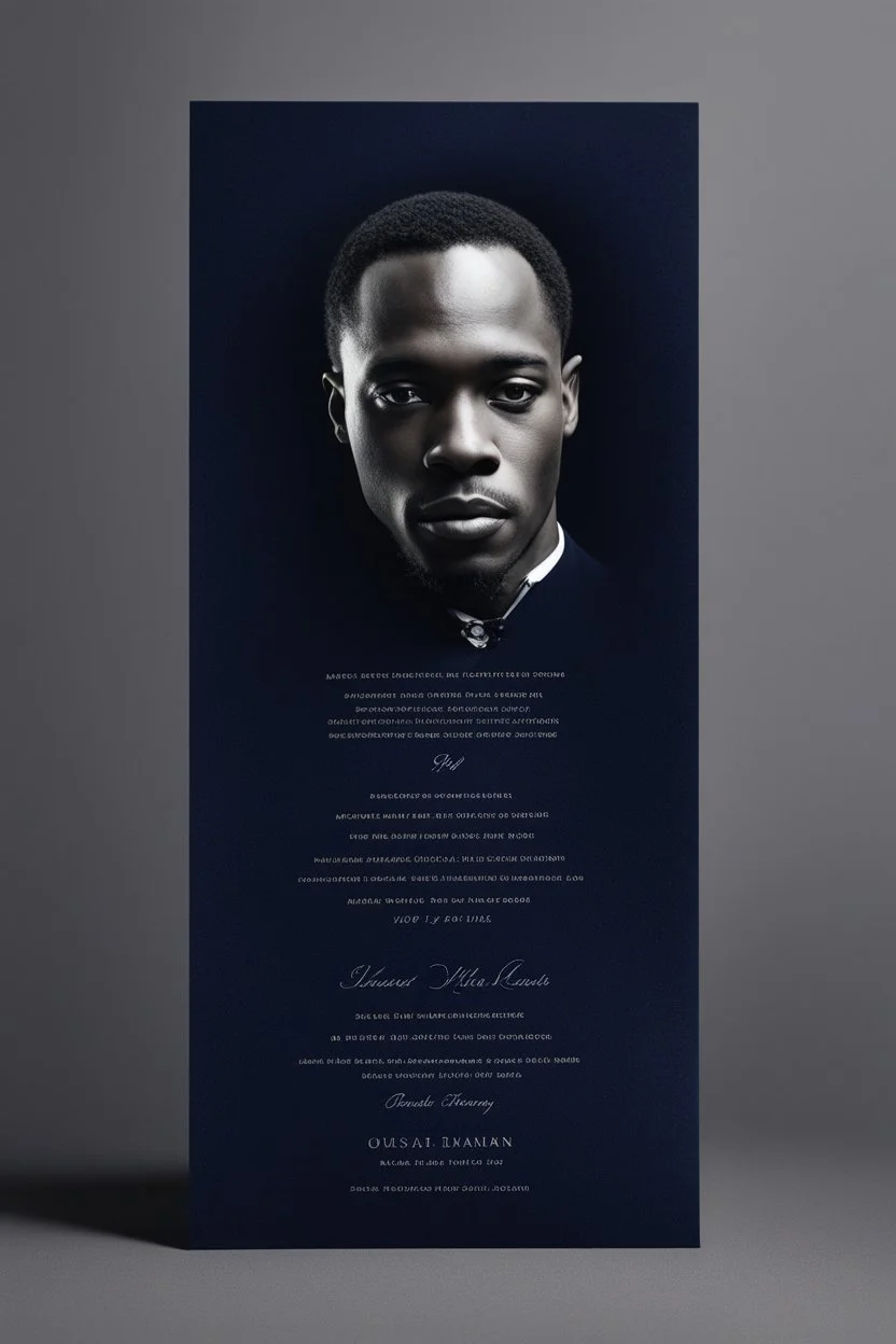 An extremely formal, funeral program for a black man on darkest blue deeply pigmented velvet paper with brilliant, brightest heavy white fonts, simple, minimalistic, less element, very dramatic lighting, detailed, white printers elements,