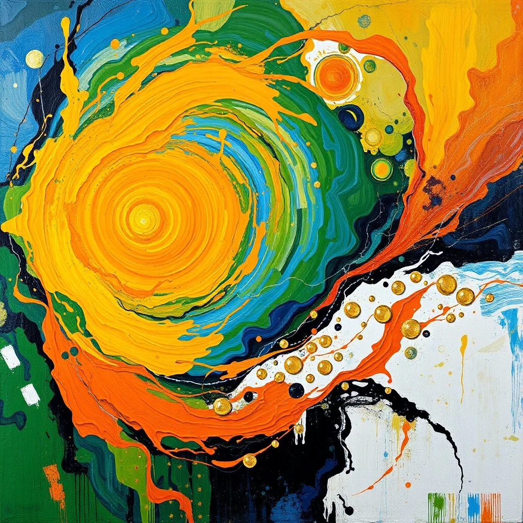 create a monumental impasto abstract painting blending Van Gogh’s swirling textured brushstrokes, Miró’s playful whimsical geometric shapes, and Dalí’s surreal dreamlike distortions, glowing central core of fiery orange and golden yellow radiating energy, surrounded by electric blue, lush green, crisp white and deep black, layered painterly textures with cosmic highlights, panoramic wide format perfect for Facebook cover --ar 21:9 --v 7 --stylize 1600