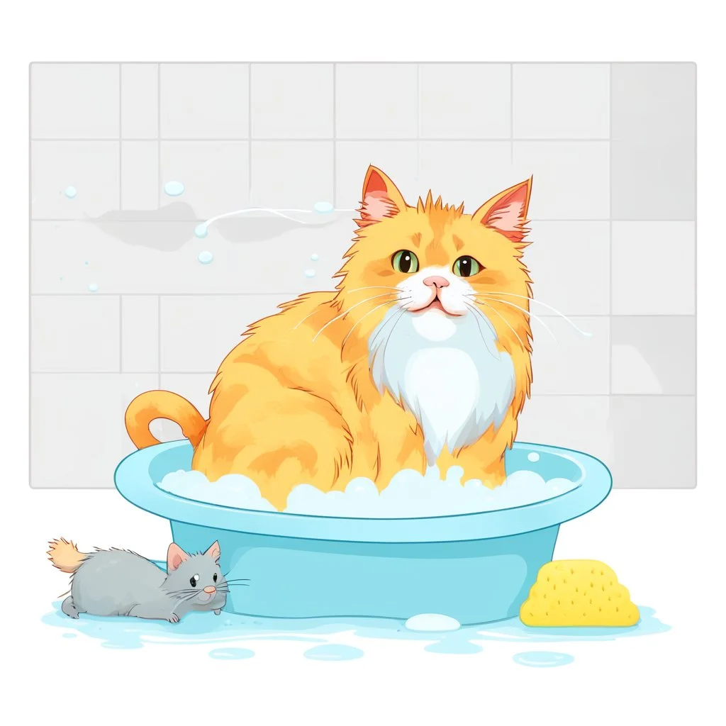 A red fluffy cat sitting in a bathtub filled with water with lots of bath foam and a small grey mouse in its hand. On the floor lies a yellow bath sponge in a small puddle of water. Everything on a white background to be removed.