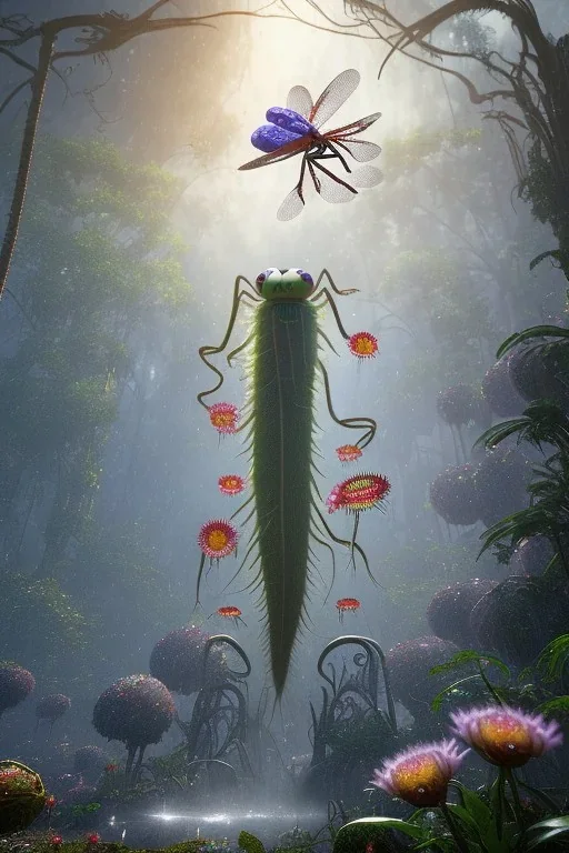 large venus fly trap with teeth eating a dragonfly, flowers, jungle, hyperrealistic, trees in background, digital art, alien like, disgusting, intricate, morbid, rainy, sinister, volumetric lighting, unreal engine, high resolution, 8k, depressing colors, dark colors, horror, horrific,