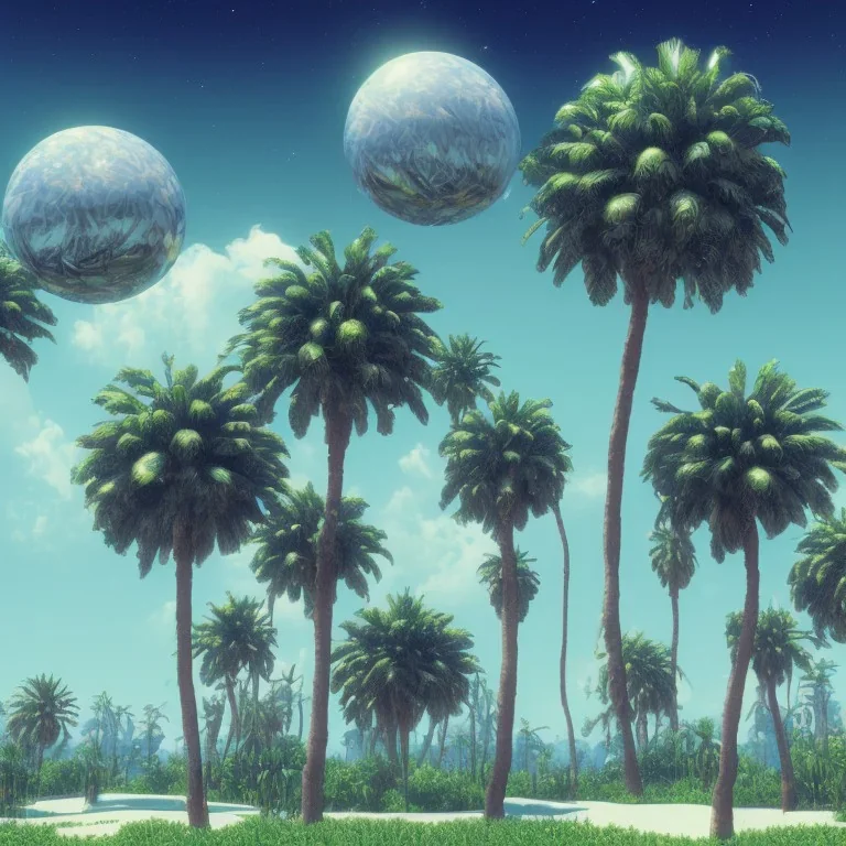 1980's aesthetic vaporwave palm trees with spheres and ufos