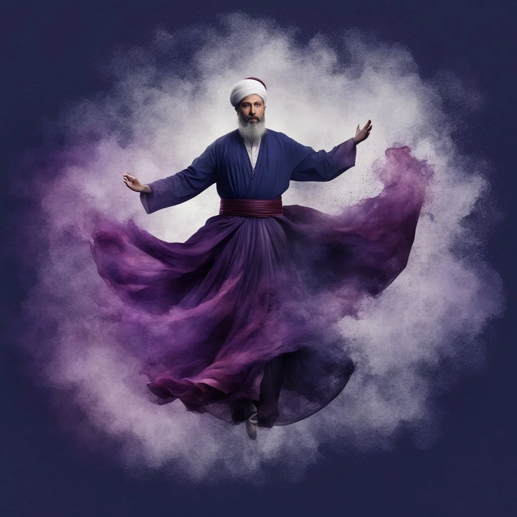 Hyper Realistic Sufi Whirling with Purple & Maroon, Islamic Sufi Rustic Grungy navy-blue Background with silver fog around at night