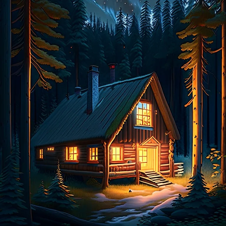 Generate an image of a cozy cabin nestled in a pristine Norwegian forest, surrounded by towering trees, with a warm glow emanating from the windows, symbolizing a peaceful retreat where artists find inspiration and solace.