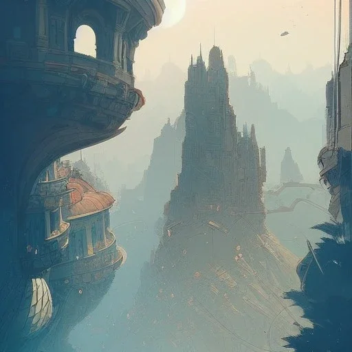 Skyline+city on inslands+Trainstation on cliff+Vignola classicism +palladio+detailed facades+uphill road+trees+ biopunk+Book illustration by Gediminas Pranckevičius, Jean Baptiste Monge, Brian Kesinger, Anton fadeev, Kilian Eng, strong lines, high contrast vibrant colors, highly detailed, 16k resolution, trending on behance