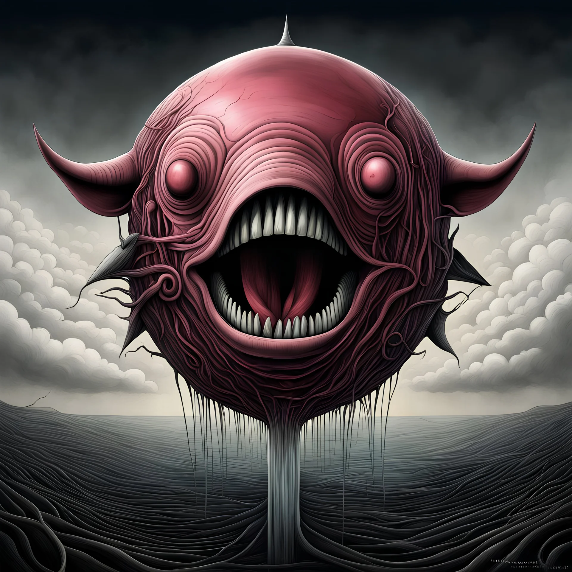 by Anton Semenov and Gerald Scarfe and Magritte, nightmarescape, Leaving the Machine, machine shaped like a horrifying metal pig mouth, surreal Pink Floyd Album art, color ink illustration, sharp focus, surreal concept art, by Nicola Samuri