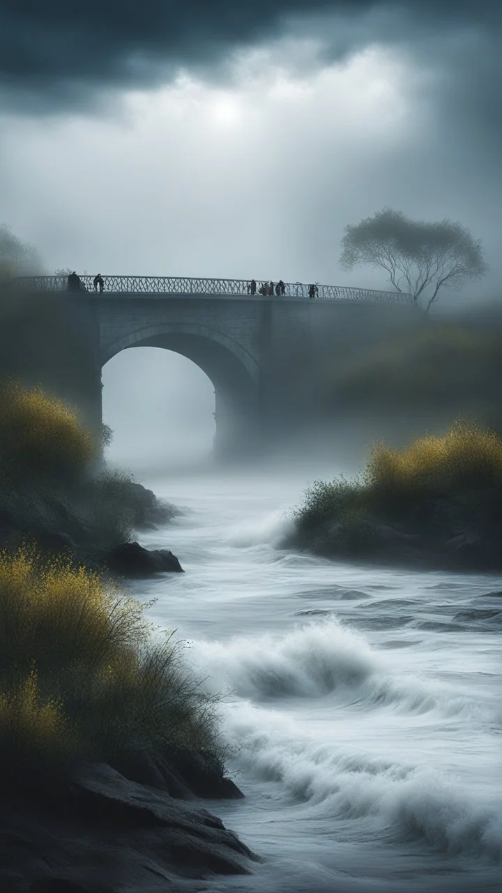 By Sergiо. Style by Greg Rudkowski. Thick white milky dense fog on a deserted beach with lonely bushes.flooded raged water . 2 women and a child In the stormy wether in the water a bridge is falling in the river Bruegel painting style