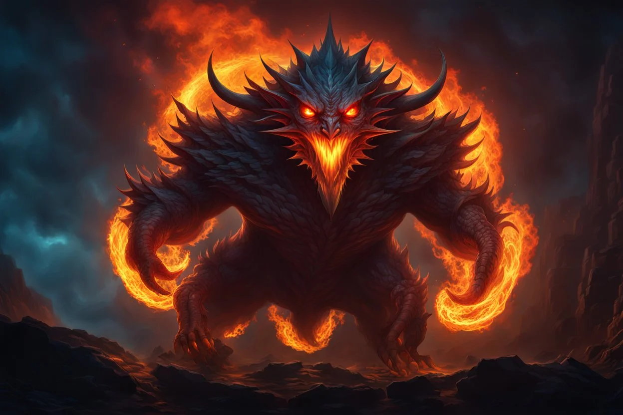 A giant floating fiend, glowing eyes, malevolent, chest burning, majestic, colorful, warm light.fantasy concept art, exquisite realism, a masterpiece, dynamic lighting, hyper detailed, intricately detailed, deep color, Unreal Engine, volumetric lighting , Epic cinematic brilliant stunning intricate meticulously detailed dramatic atmospheric maximal,