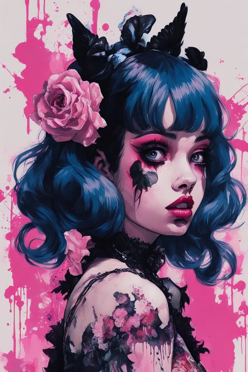 Poster in two gradually, a one side malevolent goth vampire girl face and other side the Singer Melanie Martinez face, full body, painting by Yoji Shinkawa, darkblue and pink tones,