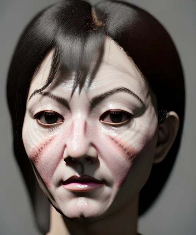 Simetric Realistic image portrait. Sweet woman head traditional japanese porcelain mask. Smooth. Dark ambient. Cold. God light. 4k resolution, intricate details, ornate details, soft lighting, unreal engine 5.