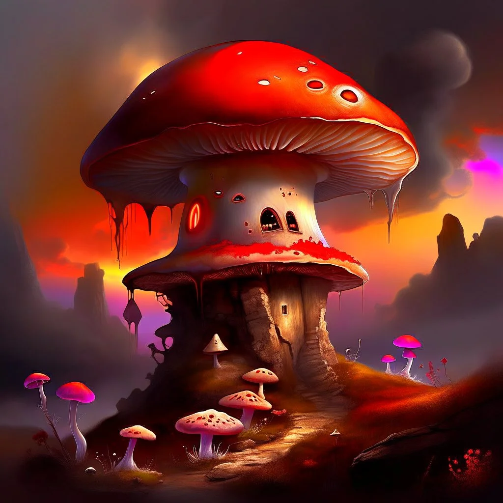 A rustic white, red and orange (((mushroom house))) perched atop a (tall geologic pillar), surrounded by a ((( rainbow haze ))), offset by the subtle hues of an (dark space scape), within. captured by the hand a skilled master painter with a focus on (hard bold compositions and voluminous lighting).detailed matte painting, deep color, fantastical, intricate detail, splash screen, exaggerated colors, fantasy concept art, 8k resolution