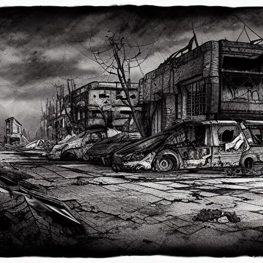 destroyed, post apocalyptic, line Art,