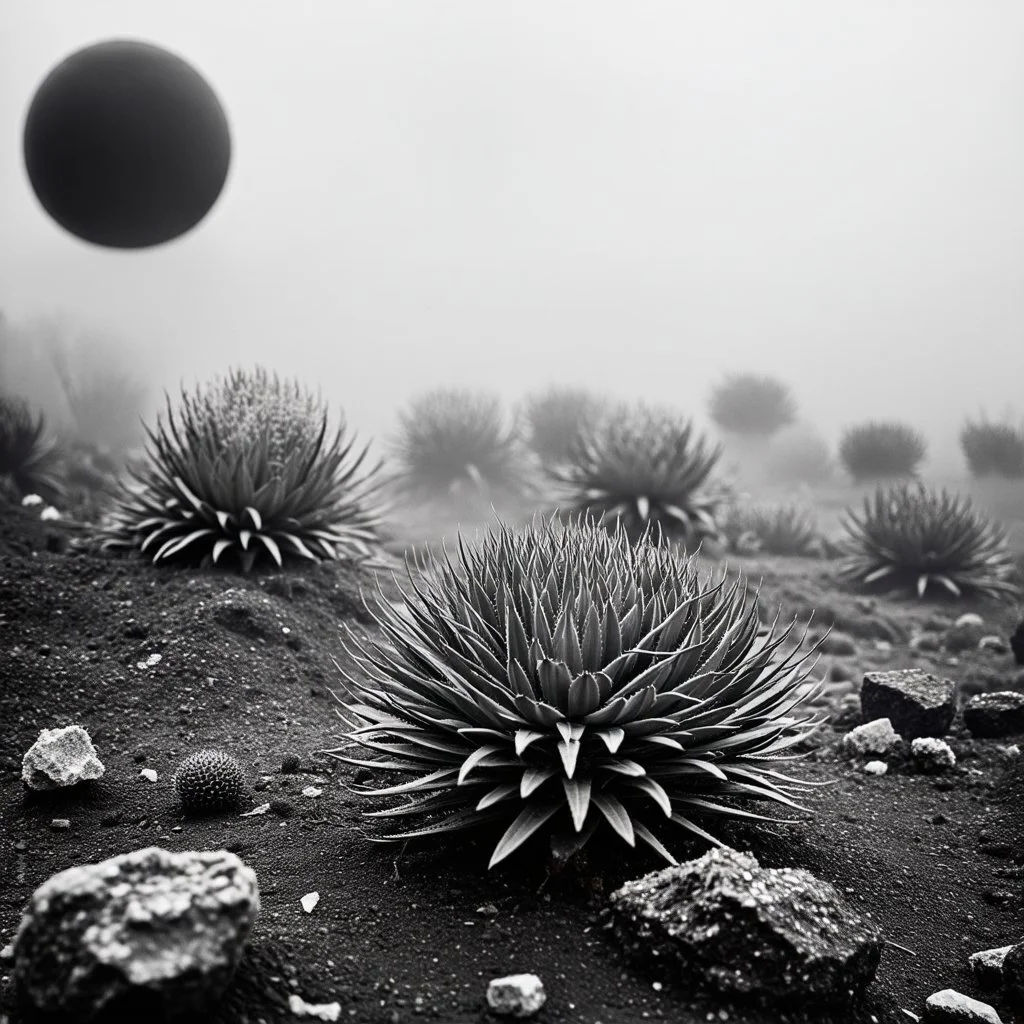 A striking quality Kodak photograph captures a wasteland with a group of plants, creepy, details of the dust very accentuated, glossy organic mass, adorned with minerals and rocks. Bathed in intense light, eerie, Max Ernst style, black sun, fog