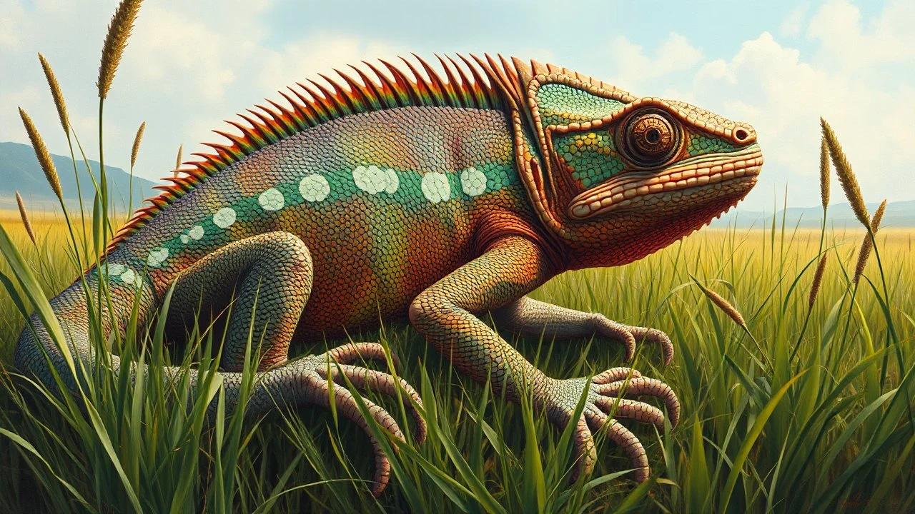 Realistic oil painting of a humanoid chameleon resting in a peaceful grassland, intricate details on the scales and human features, vibrant colors, by HR Giger and Salvador Dali, (long shot), soft natural lighting, surrealism style.