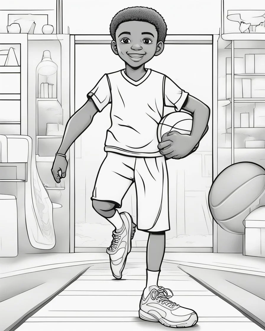 coloring page, depicting a black kid as an Athlete, full body, outline, black and white, highly defined, white background, empty background, cartoon style, coloring book style