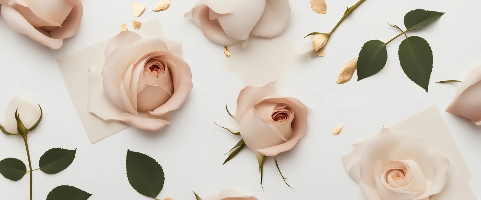 photo of five white postcards on a white background image with rose and gold petals