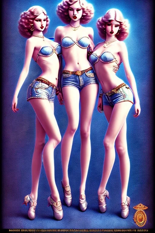 Four Ziegfeld Girls on jeans walking