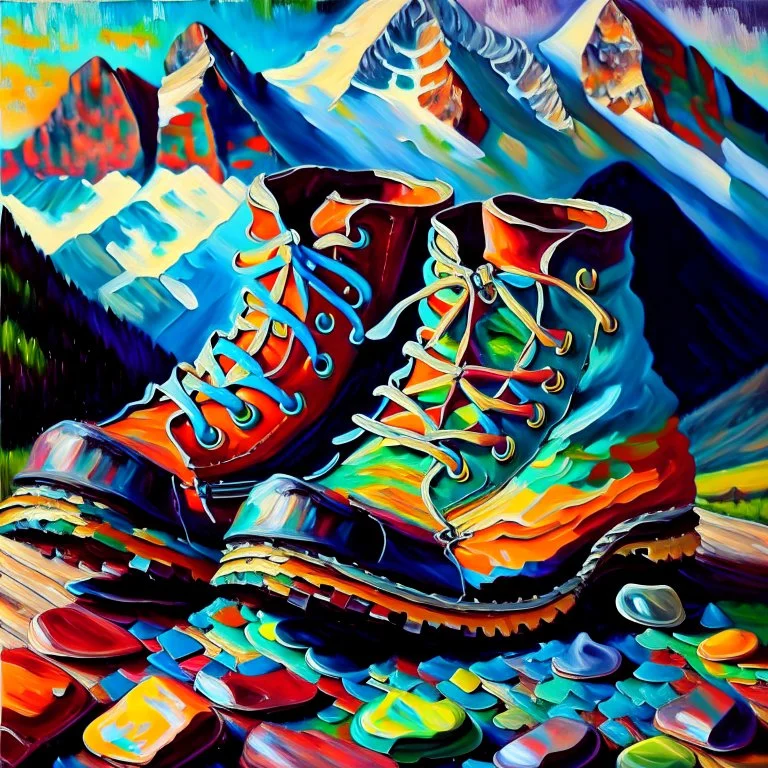 moutain shoes , art, oil colors, bright