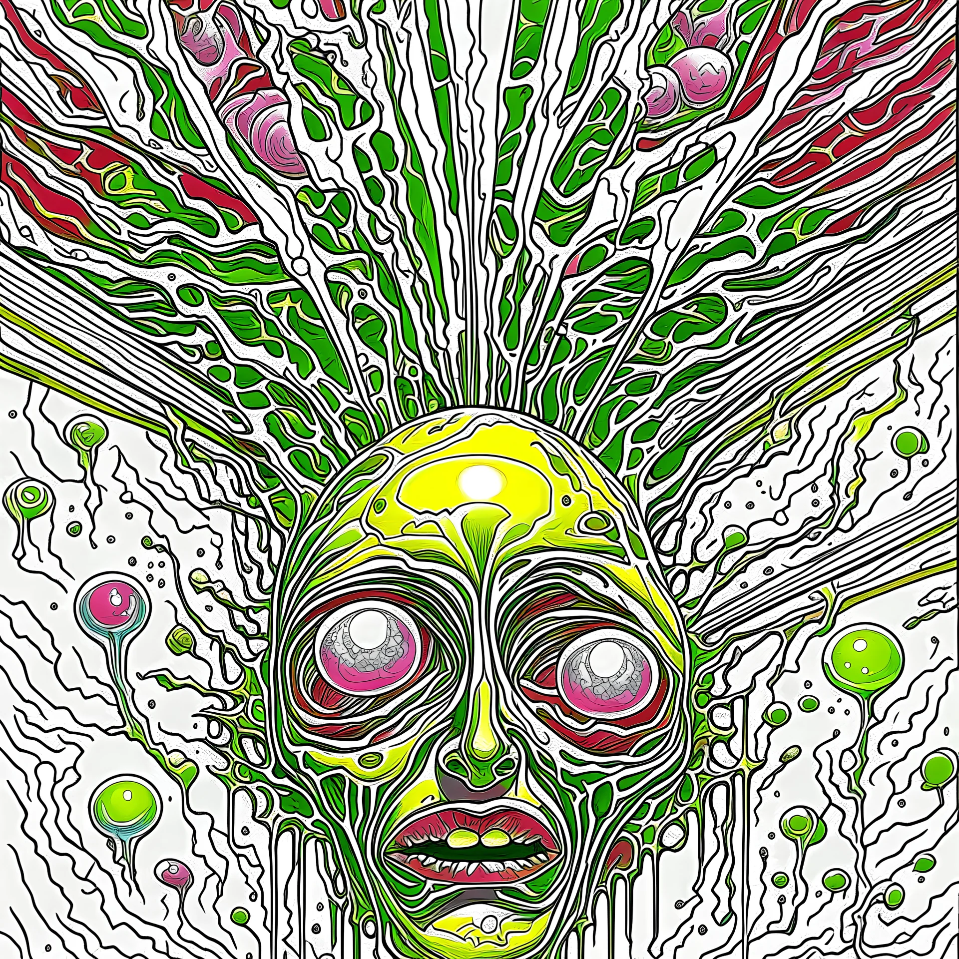 Solvent raining from the skies Backlog danger hypnotize Glass blown eyes, hallucinatory color pen complex illustration, neo surrealism, intricate detail, dramatic volumetric lighting, splash art, concept art, by John Stephens assisted by gerald Scarfe.