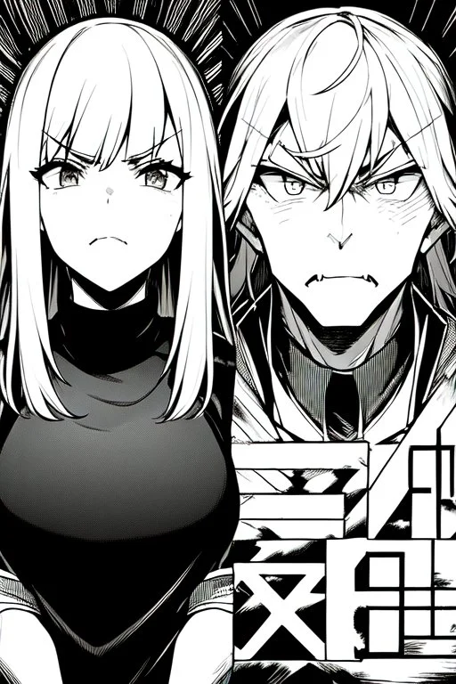 angry blonde girl, angry pose, greyscale