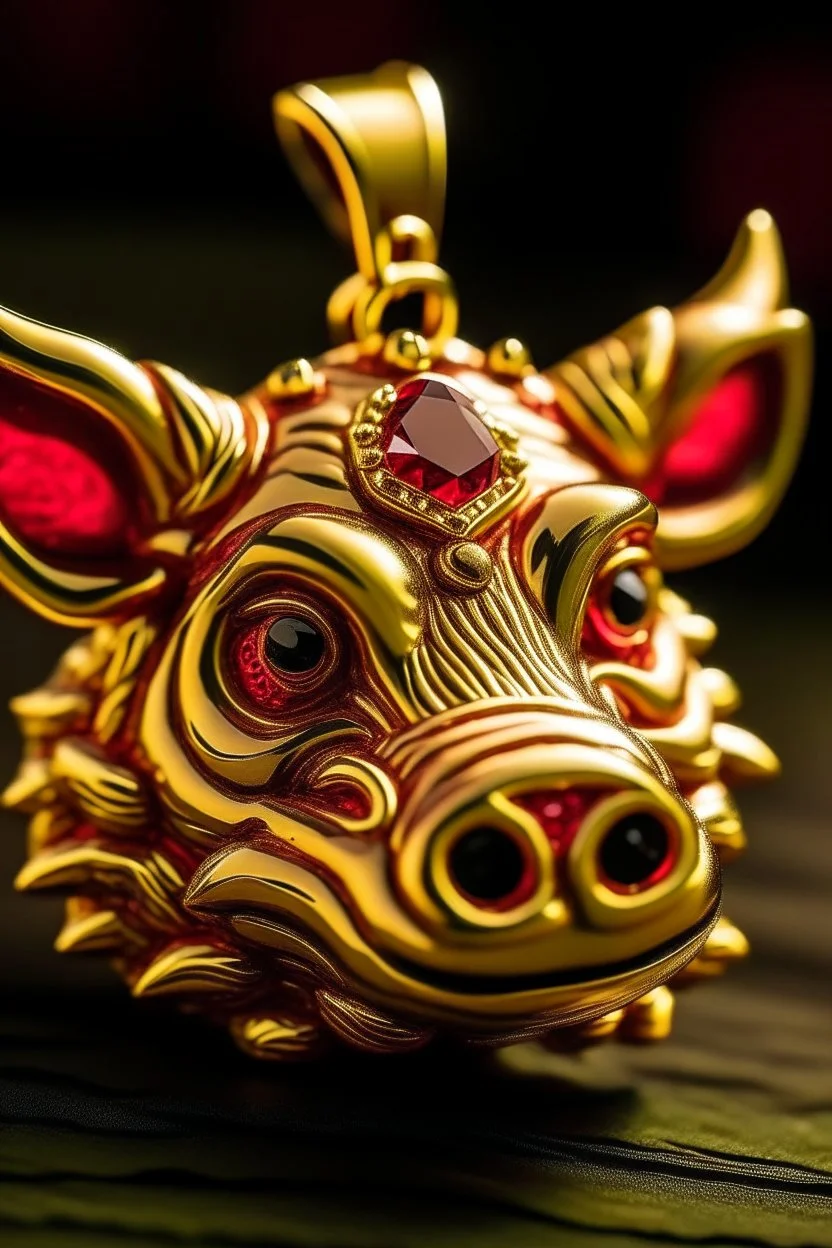 A pendant for a necklace, big Pumbaa from the lion king with tusks in gold, eyes made of ruby