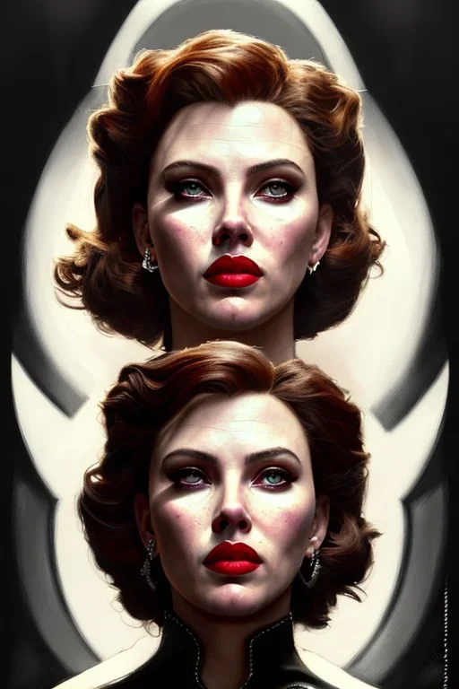 painting of scarlett johansen as evil queen in black leather, feminie, angry, stern look on her face, volouptous, busty, cleavage, emperious, mature, highly detailed, digital painting, artstation, concept art, smooth, sharp focus, illustration, art by gaston bussiere and alphonse mucha