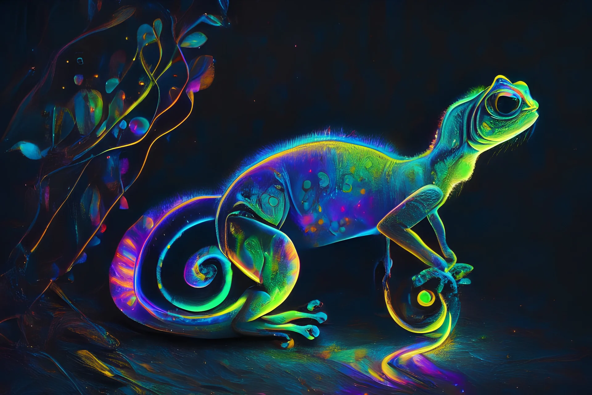 iridescent glowing chameleon in the darkness, points of light, shimmering, in oil paints, realistic ,vibrant, luminous, neon, psychedelic, intricate