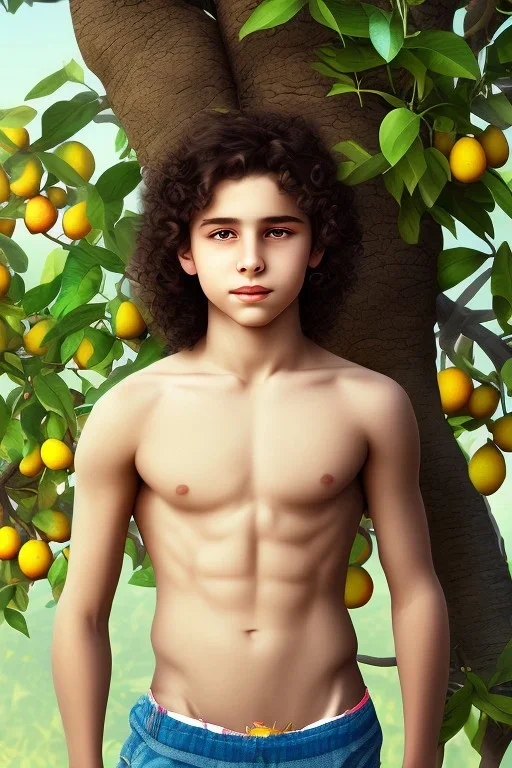 beautiful 12 year old arabic boy with long, curly hair and light blue eyes, smiling, shirtless, in front of a distant mango tree