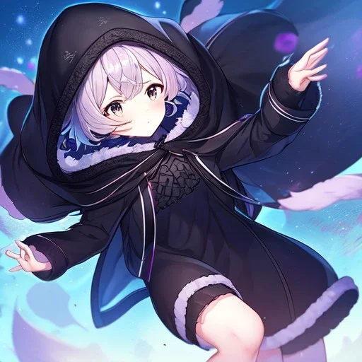 floating in air, backflip,{{anime}}, detailed beautiful short hair,{{fluffy hair}}, delicate and intricate hair, black loose raincoat with hood, purple and black eyes, blush, beautiful detailed eyes, {beautiful face}, cinematic light,{masterpiece}, beauiful illustration, offical art, upanime