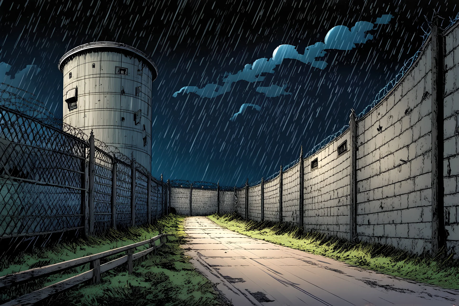 comic book style zombie apocalypse fortified bunker. Tall walls with military watchtowers, barbed wire fences. Post apocalyptic city setting. Road leading up to it. Night, rain