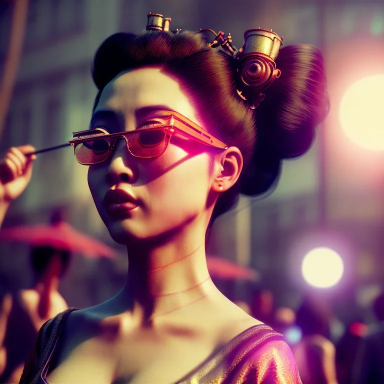 Ultra Realistic photo, medium shot view, geisha women, carnival scene, futuristic steampunk. hair monster, Drunken, Sunglasses, smoking, happy, hot. Cabaret background, highly detailed, concept art, unreal engine 5, ray tracing, RTX, lumen lighting, ultra detail, volumetric lighting, 3d, finely drawn, high definition, high resolution.