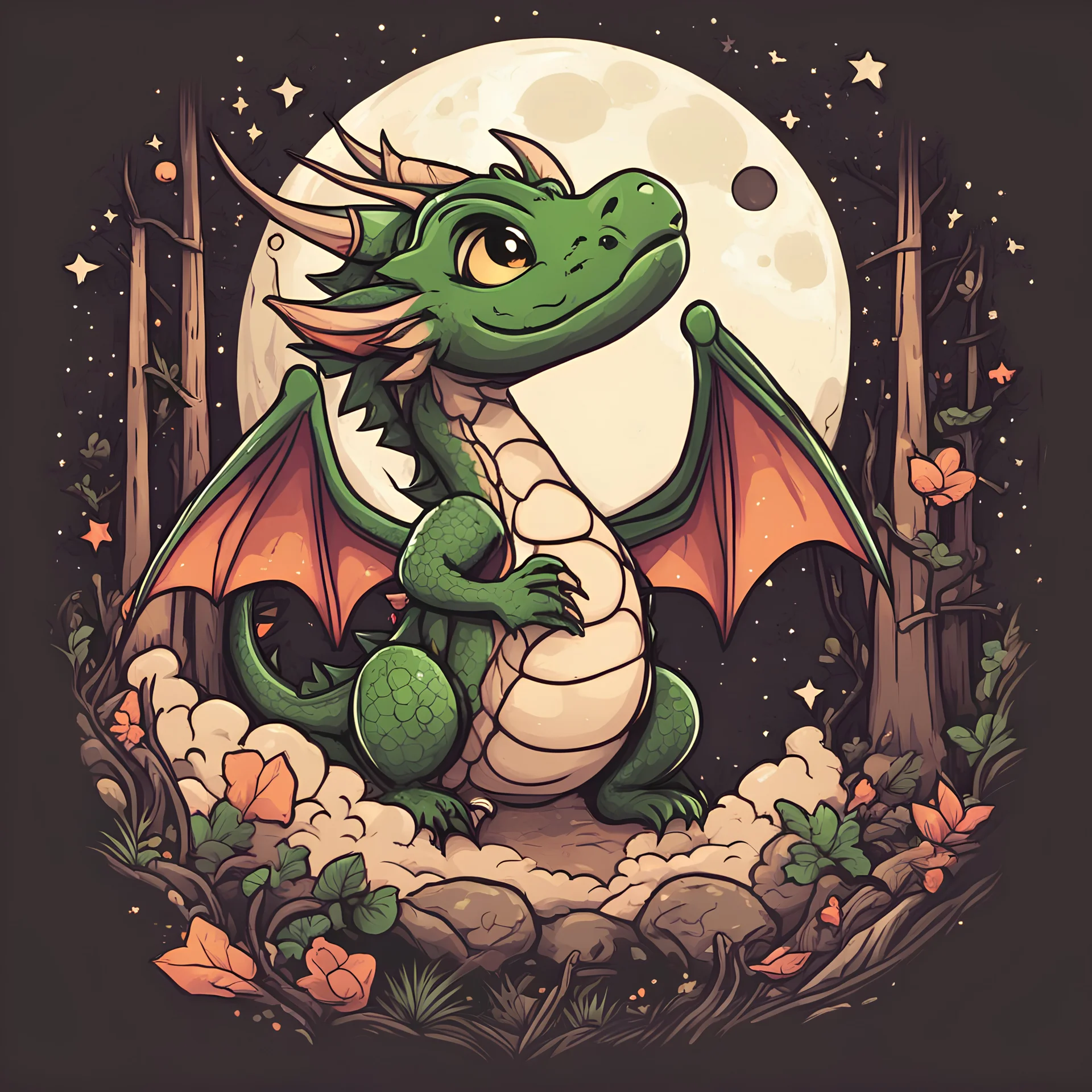 /**cute dragon i forest down moon, tshirt design, space fantasy, vector, 2d --style raw** Aspect Ratio: square (2:3)