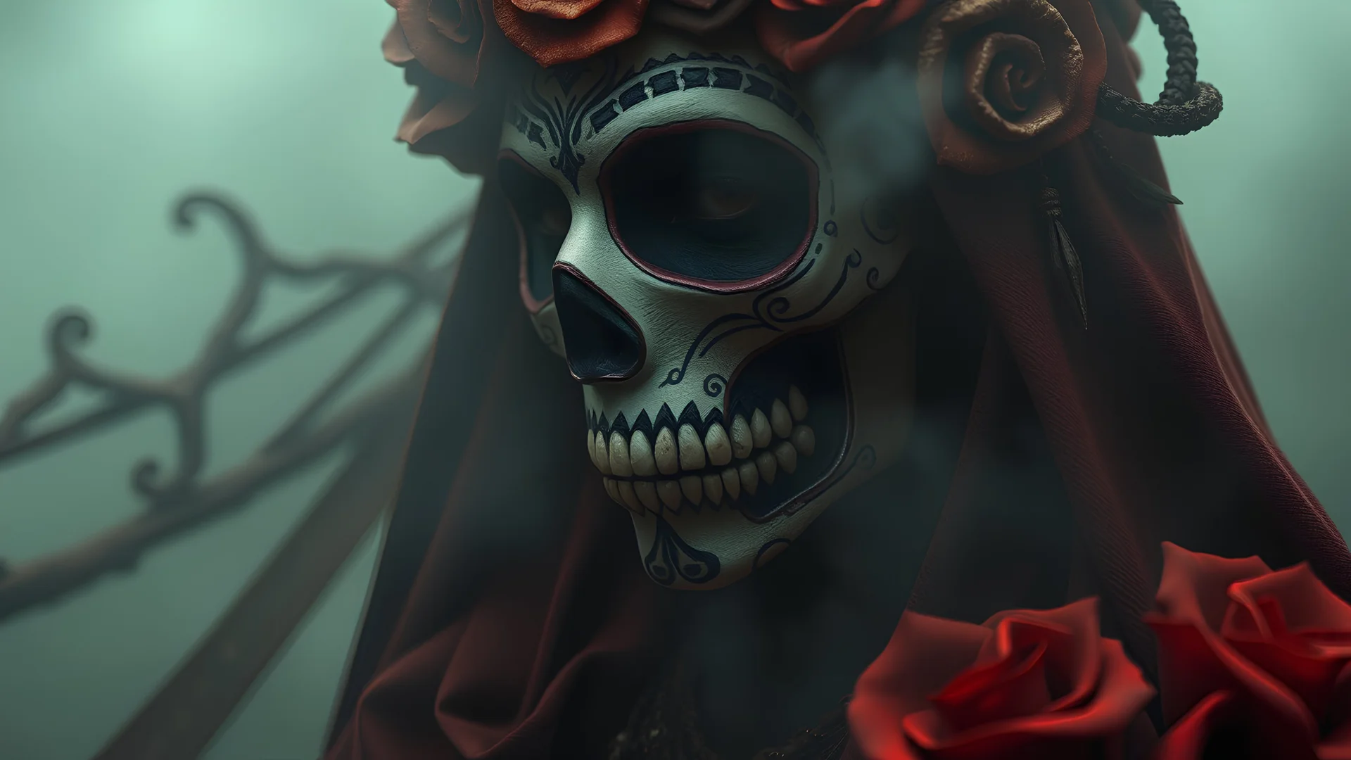 fantasy,ancient, fog, intricate design, mist, rich detail, Día de los Muertos, dark fantasy, zoomed, dark deep colors, rich colors, blood, dark, close up,portrait