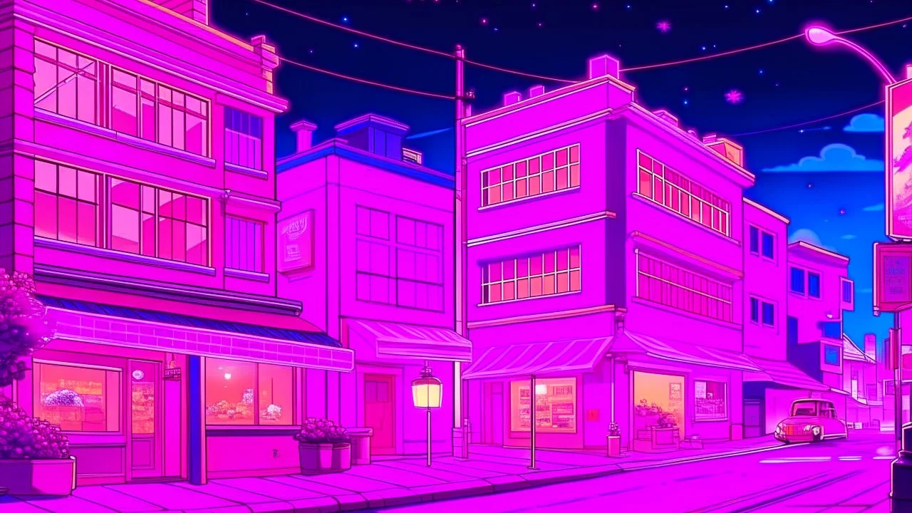 Cute pink-aesthetic anime town at night