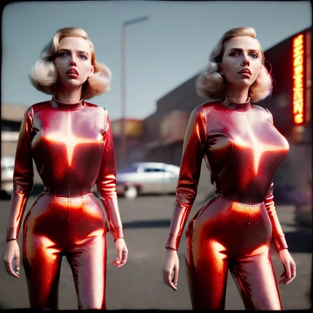 Ultra Realistic retro sci-fi movie explosion Supermarket parking people scene, 1960 year, waist up view portrait, 1 blonde women, sweet scarlet Johansson face, perfect iris, glow eyes, face makeup, tight latex coat. many people looking, Retro sci-fi style, soft color, highly detailed, unreal engine 5, ray tracing, RTX, lumen lighting, ultra detail, volumetric lighting, 3d, finely drawn, high definition, high resolution.